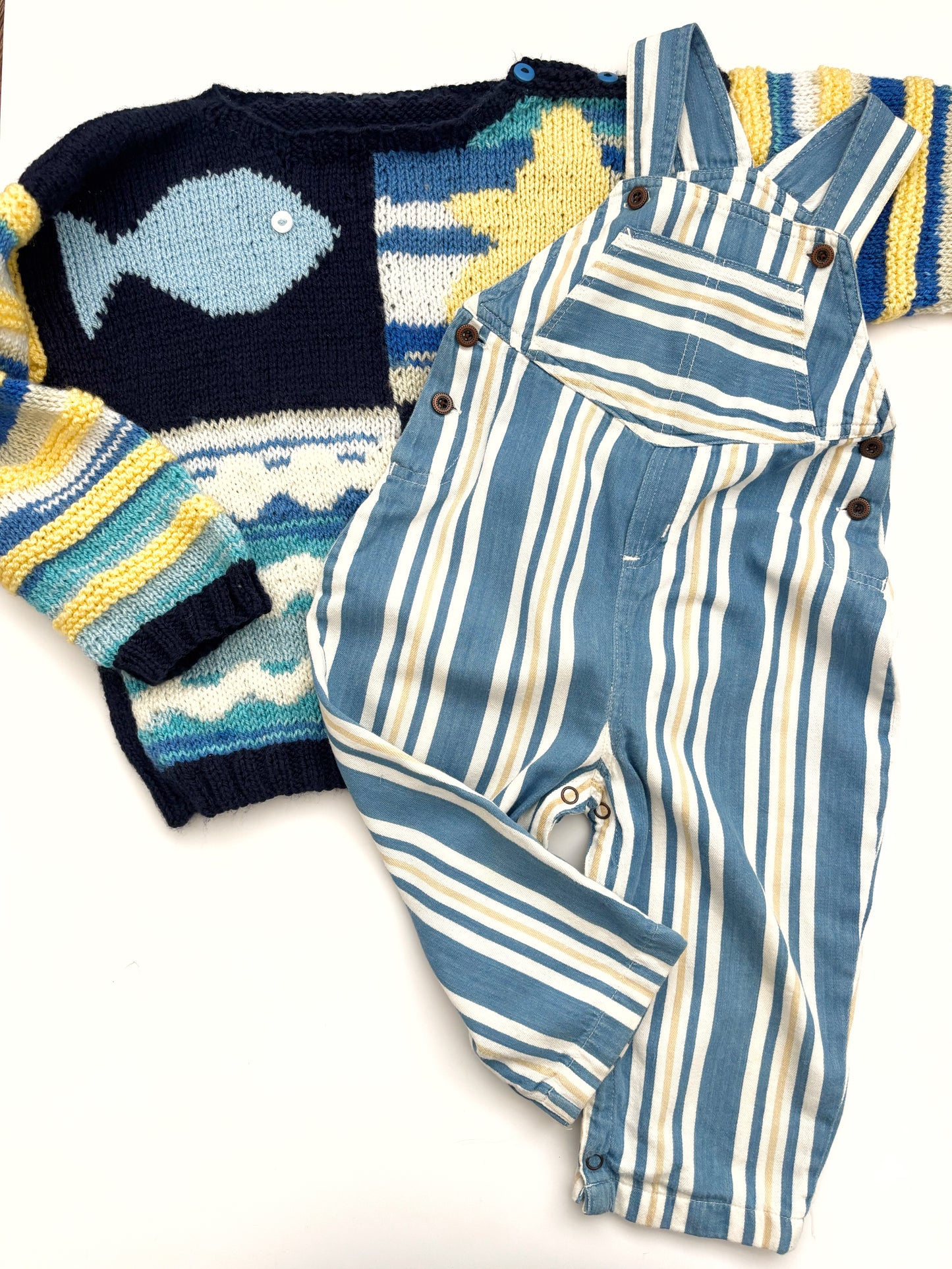 Vintage Blue & Yellow Stripe Dungarees Age 12-18 Months