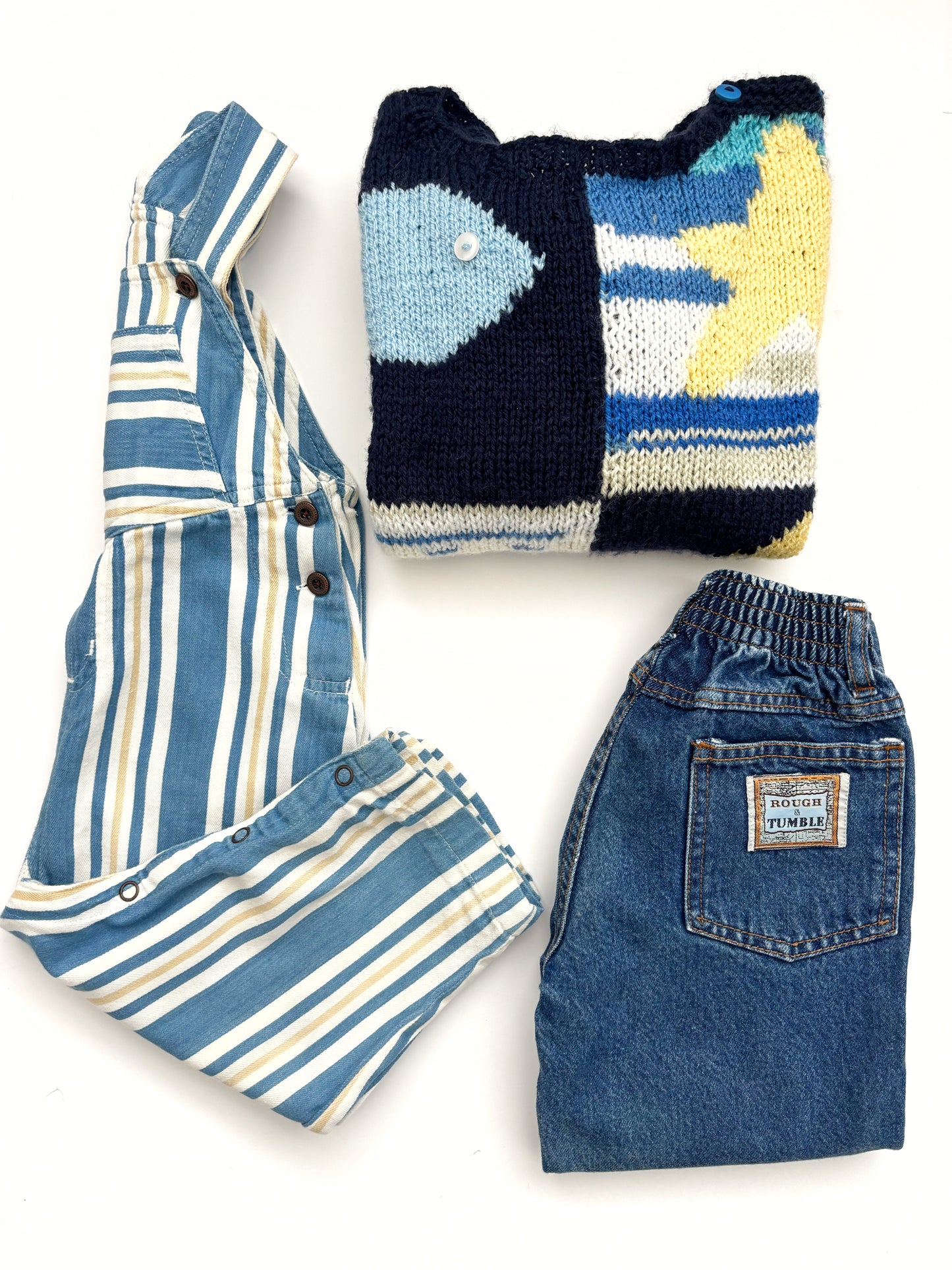 Vintage Blue & Yellow Stripe Dungarees Age 12-18 Months