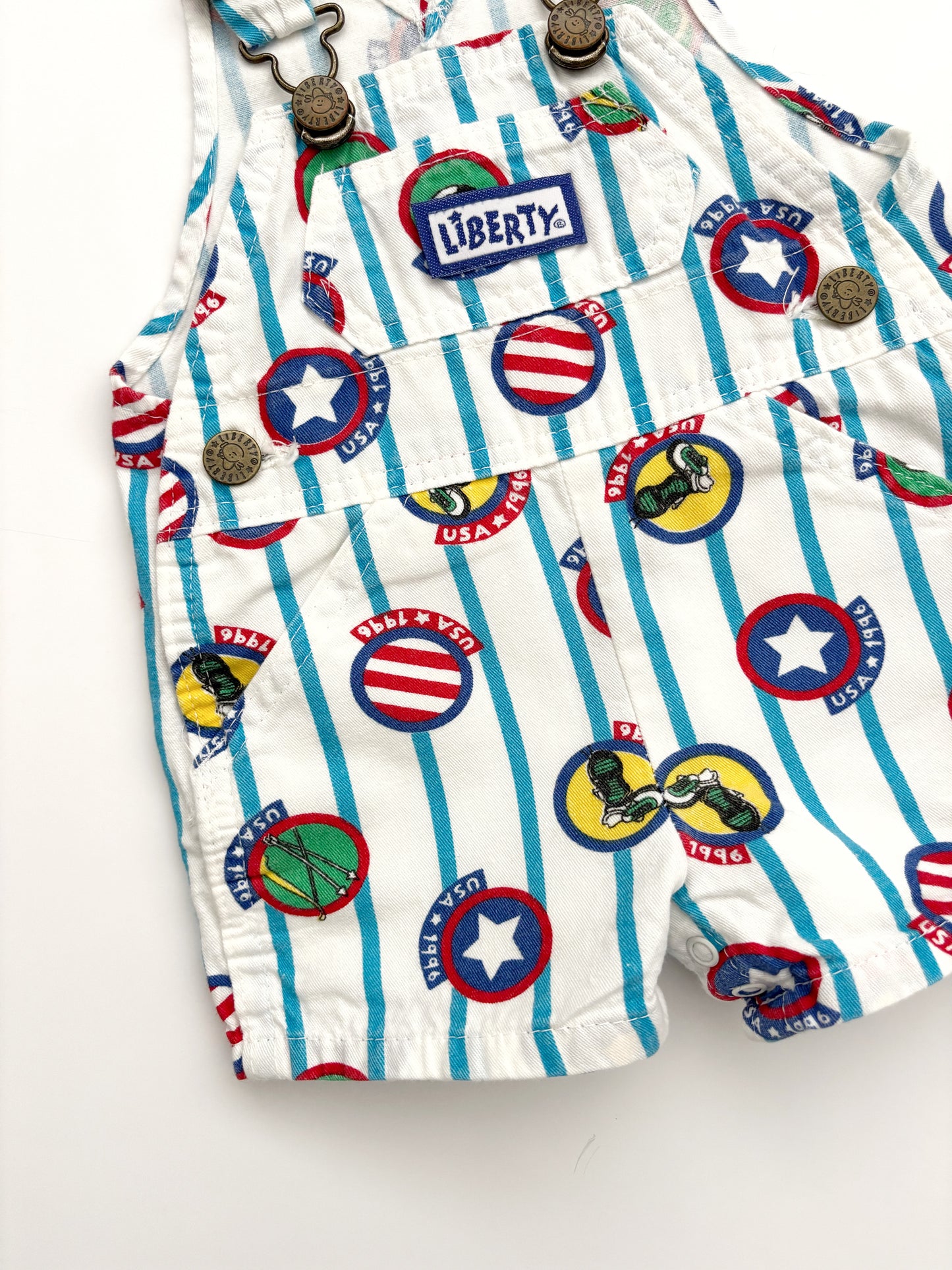 Vintage Liberty USA Sports Print Shortall Dungarees Age 12 Months