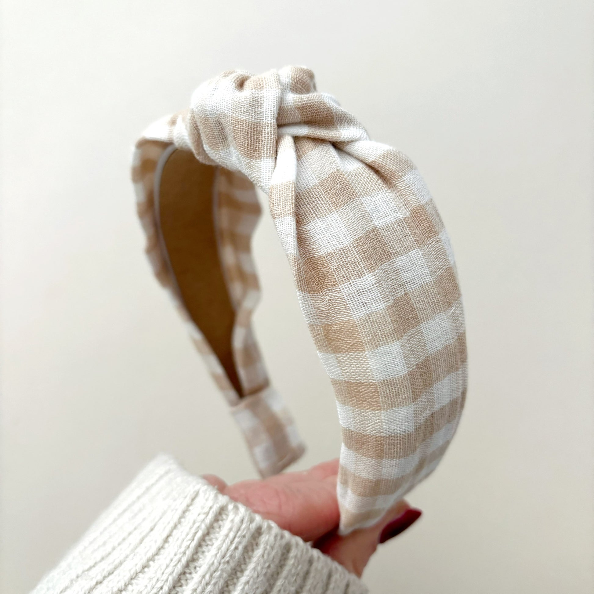 Beige Gingham Knot Headband image 0