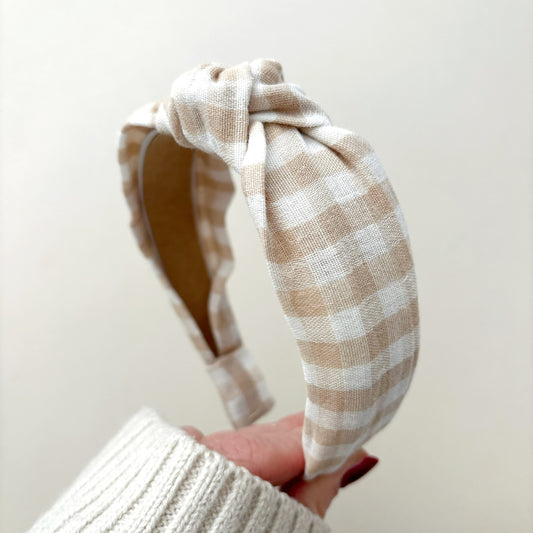 Beige Gingham Knot Headband image 0