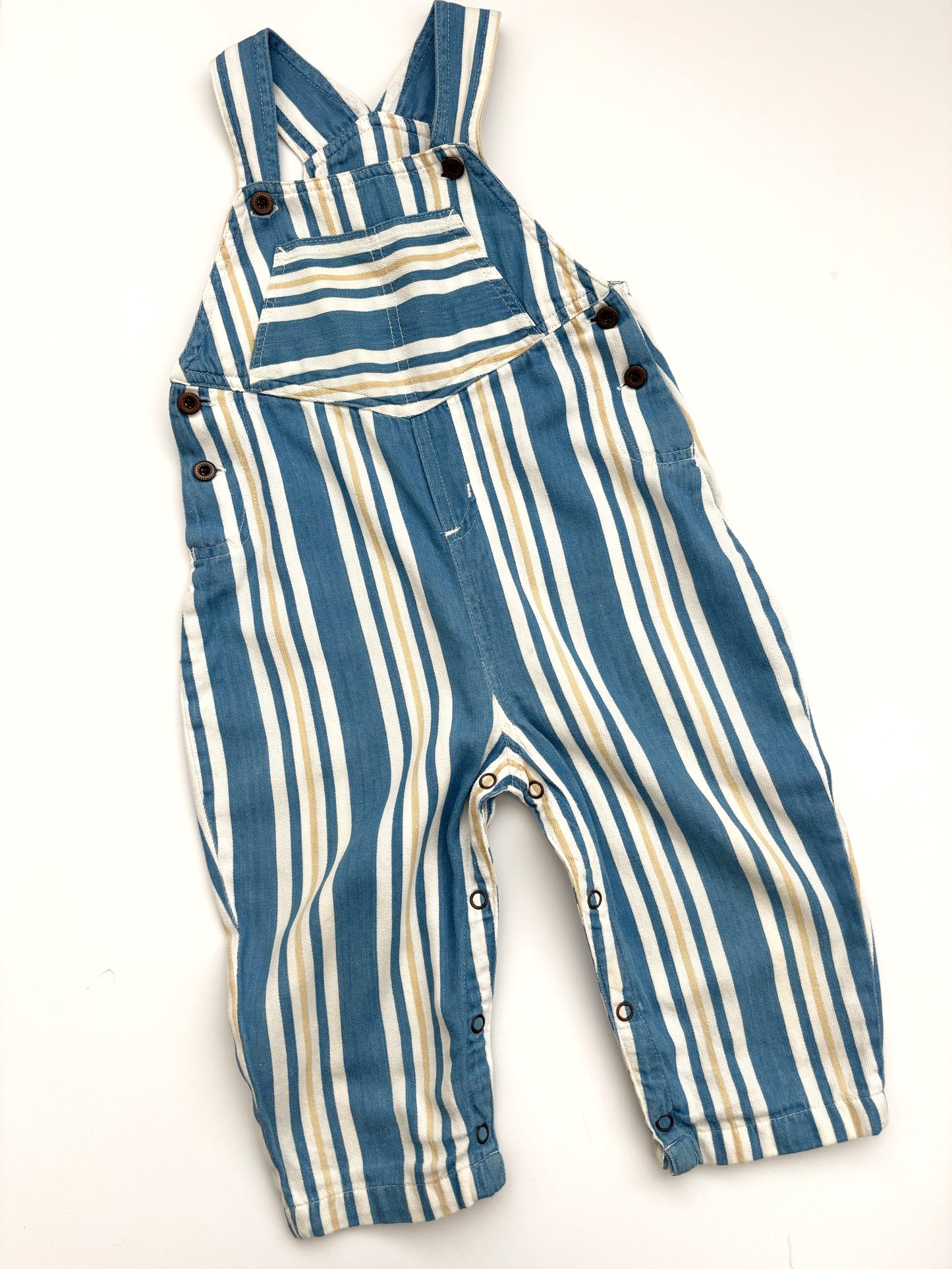 Vintage Blue & Yellow Stripe Dungarees Age 12-18 Months