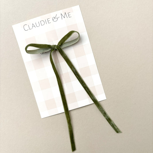 Olive Green Long Tail Velvet Hair Bow